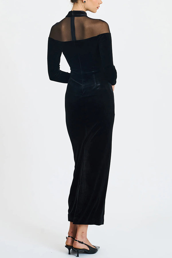 Velvet and Mesh Spliced long-sleeved Slim-fit Maxi Dress