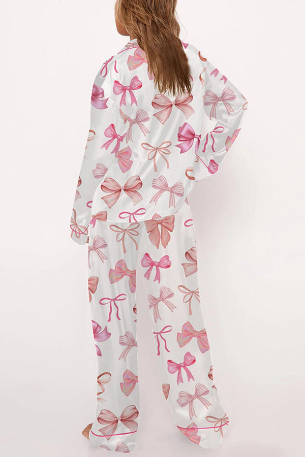 Bow-print Casual Long-sleeved Shirt and Elastic-waisted Wide-leg Pants Set