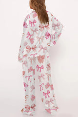 Bow-print Casual Long-sleeved Shirt and Elastic-waisted Wide-leg Pants Set