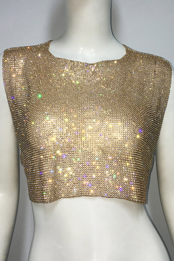 Metallic Rhinestone Backless Chain Vest