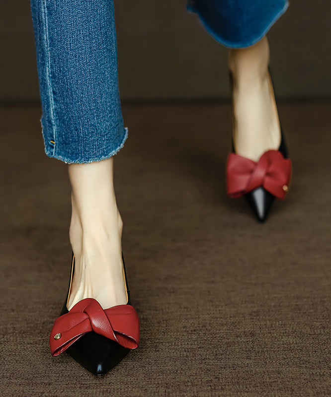 Black Flat Feet Shoes Cowhide Leather Pointed Toe Bow