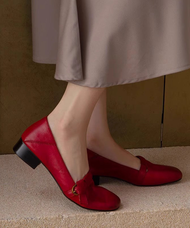 Red Chunky Shoes Cowhide Leather Comfy Splicing