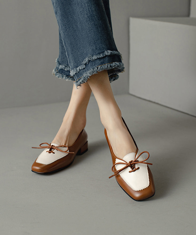 Original Design Brown Cowhide Leather Lace Up Splicing Flats