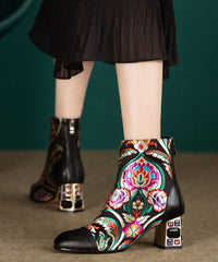Black Embroidered Zircon Cowhide Leather Chunky Boots