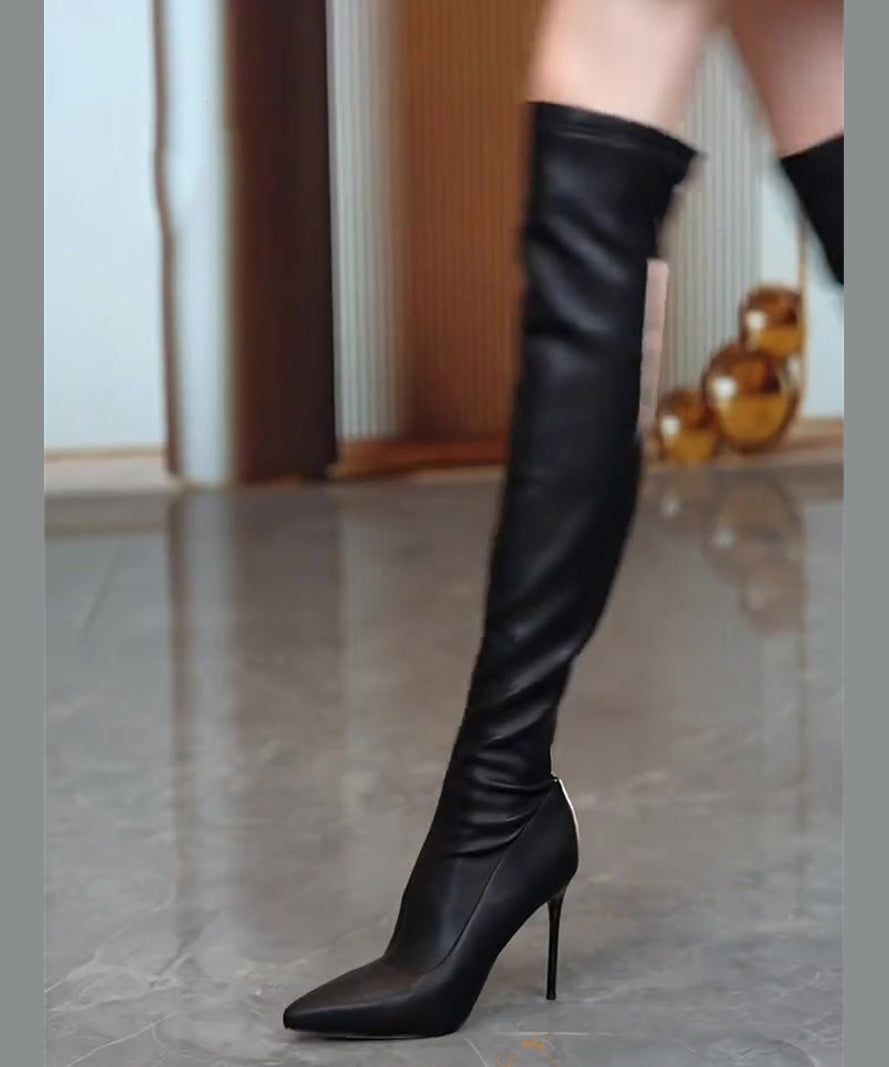 Black Zippered Splicing Stiletto Knee Boots