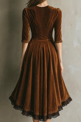 Velvet and Lace Patchwork V-neck Button Midi Dress