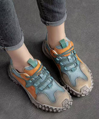 Blue Flat Shoes Platform Cowhide Leather Casual Splicing Lace Up