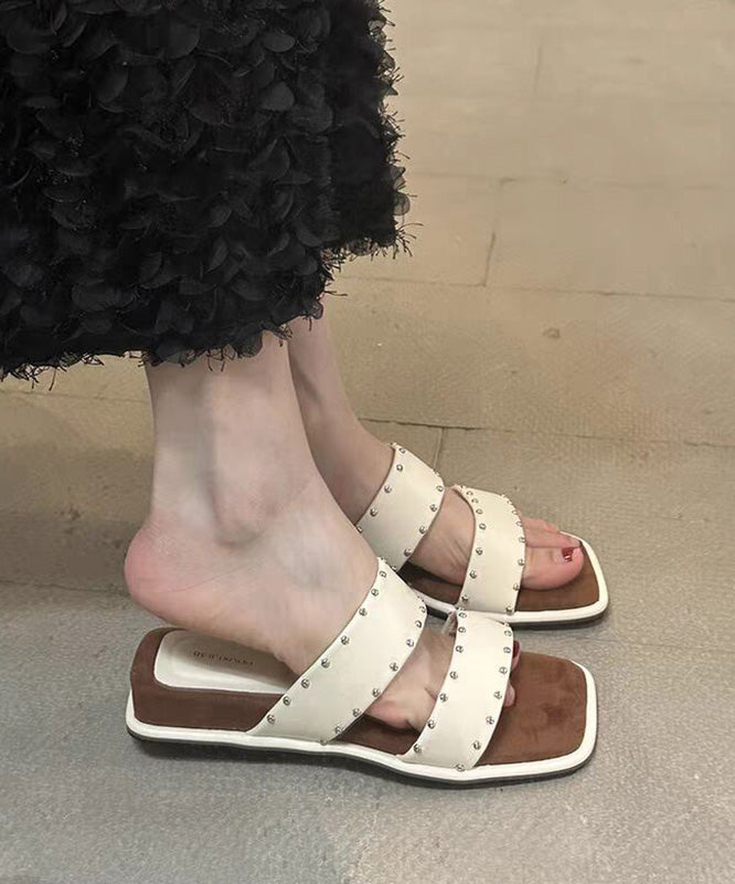 Beige Rivet Splicing Wedge Slide Sandals Peep Toe