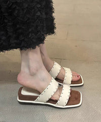 Beige Rivet Splicing Wedge Slide Sandals Peep Toe