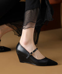 Classy Black Cowhide Leather Wedge Heels Shoes Splicing Buckle Strap