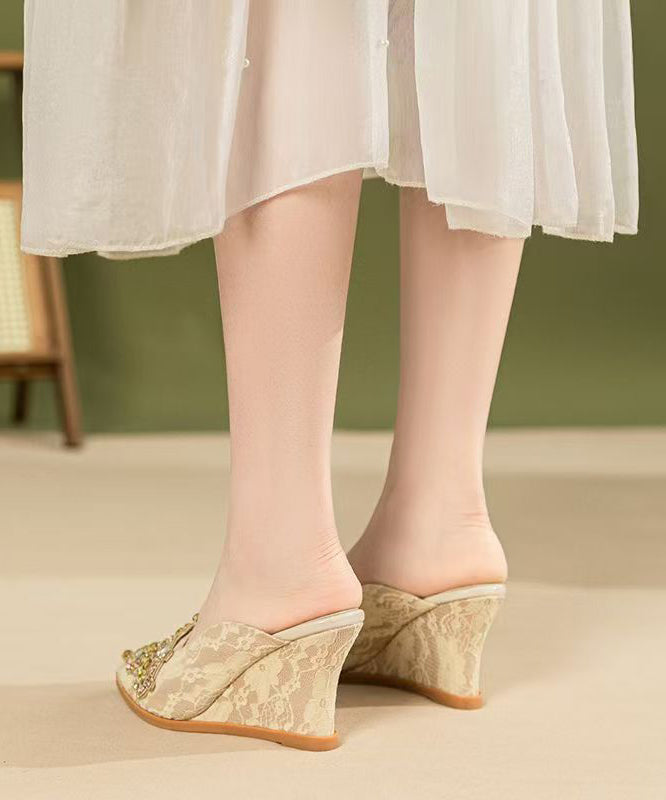 Boutique Splicing Wedge Heels Apricot Slide Sandals Zircon