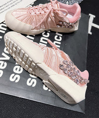Pink Canvas Lace Up Zircon Splicing Flat Shoes For Women