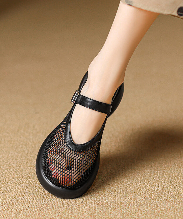 Beige Cowhide Leather Breathable Mesh Buckle Strap Splicing Chunky Heel Sandals