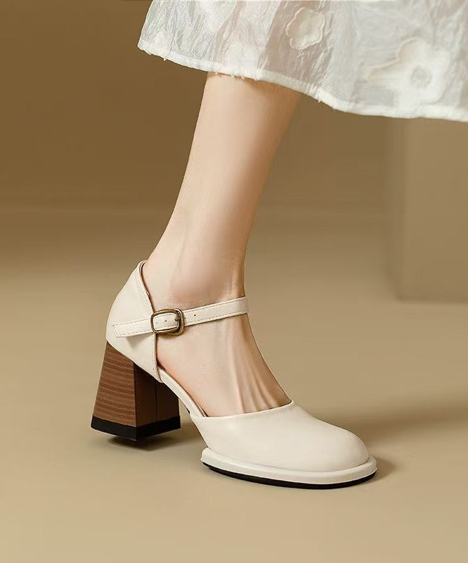 Beige Cowhide Leather Classy Splicing Chunky Heel Sandals