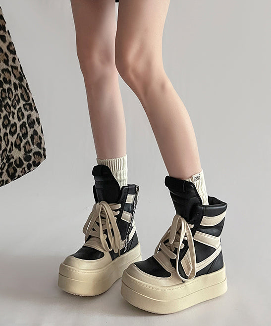 Black Lace Up Splicing Faux Leather Platform Boots