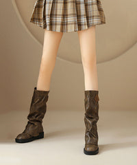 Brown Cowhide Leather Wrinkled Splicing Platform Boots