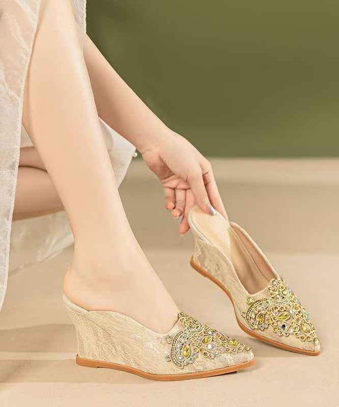 Boutique Splicing Wedge Heels Apricot Slide Sandals Zircon
