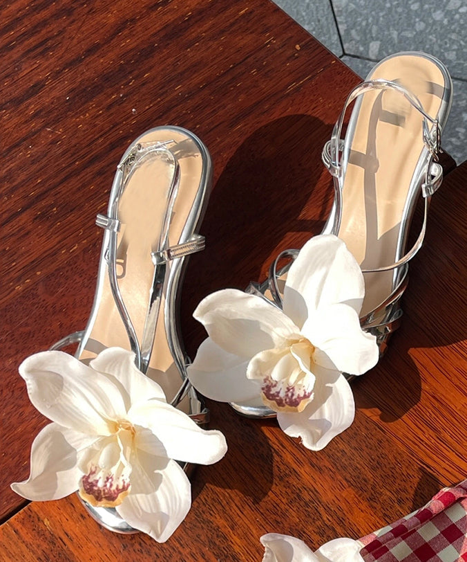 Silver Flower Open Toed Buckle High Heeled Sandals