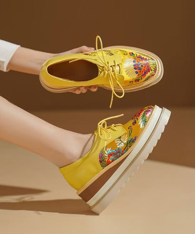 Yellow Embossed Wedge Shoes Lace Up