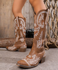 Boho Brown Embossed Solid Faux Leather Chunky Chunky Boots