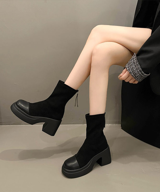 French Black Zip Up Splicing Chunky Boots