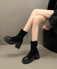 French Black Zip Up Splicing Chunky Boots
