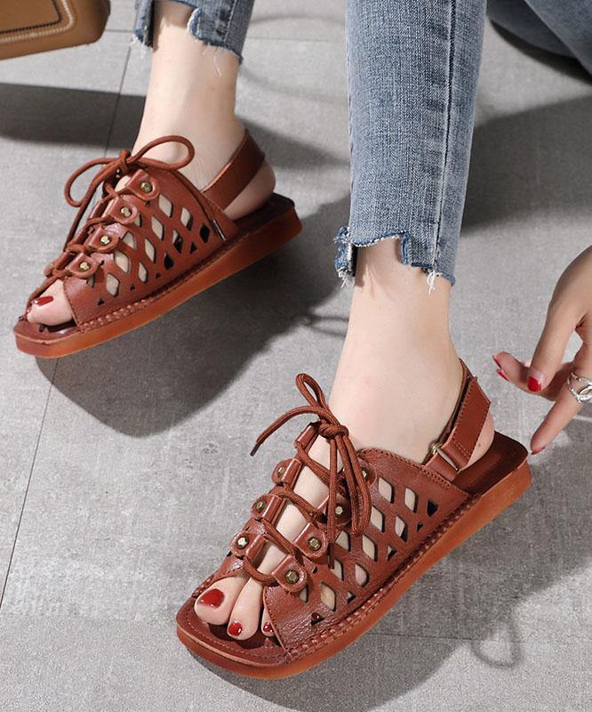 Chocolate Lace Up Flat Sandals Cowhide Leather