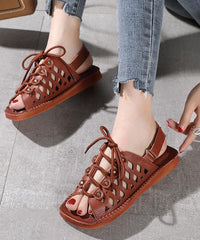 Chocolate Lace Up Flat Sandals Cowhide Leather