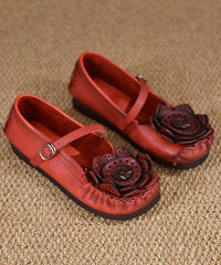 Cowhide Leather Flat Shoes For Red Splicing Floral Buckle Strap