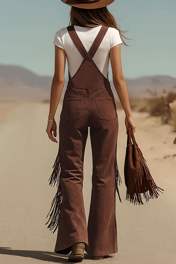 Suede Tassel Button Pocket Casual Wide-leg Overalls