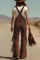 Suede Tassel Button Pocket Casual Wide-leg Overalls