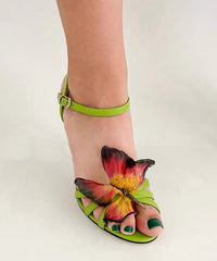 Green High Heels Cowhide Leather Sandals Splicing Butterfly