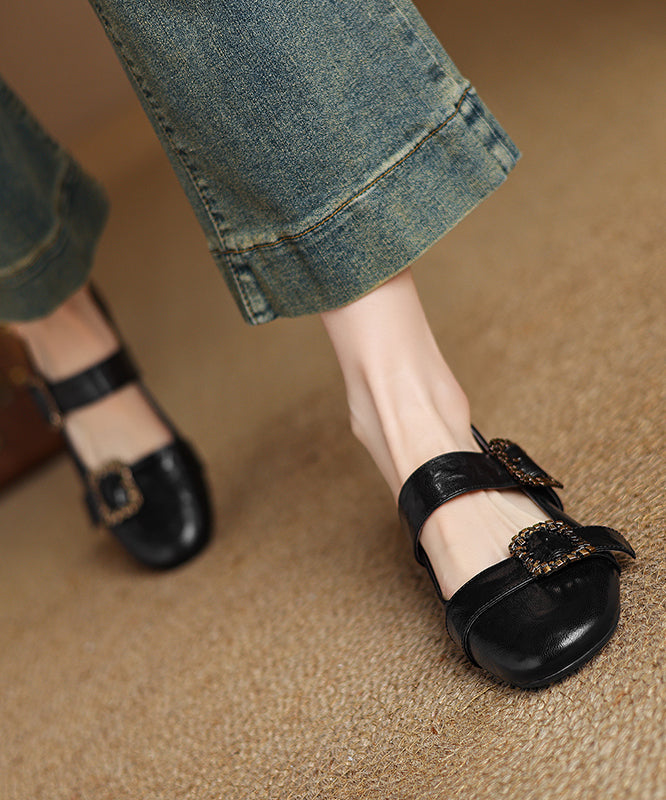 Brown Buckle Strap Splicing French Sheepskin Flat Shoes