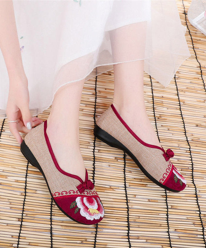 Apricot Genuine Leather Embroider Flower Splicing Flat Feet Shoes
