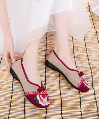 Apricot Genuine Leather Embroider Flower Splicing Flat Feet Shoes