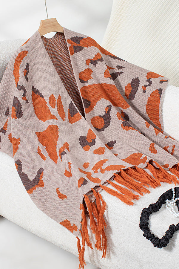 Leopard Print Contrast Tassel Hem Loose Knitted Shawl