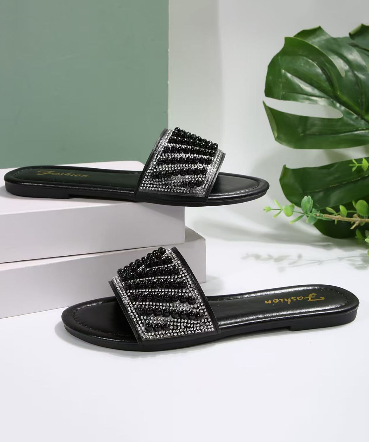 Beautiful Zircon Splicing Black Faux Leather Slide Sandals