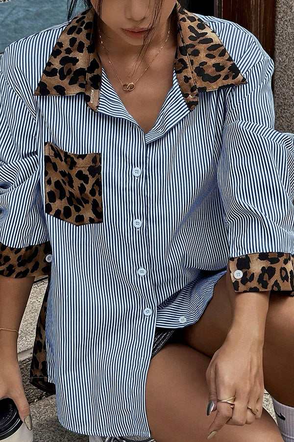 Striped Leopard Print Patchwork Loose Casual Long-sleeved Shirt