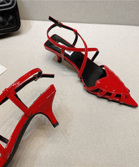 Splicing Heart Kitten Heels Sandals Red Faux Leather Pointed Toe