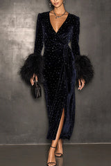 Velvet V-neck Feather Long-sleeved Slim-fit Elegant Midi Dress