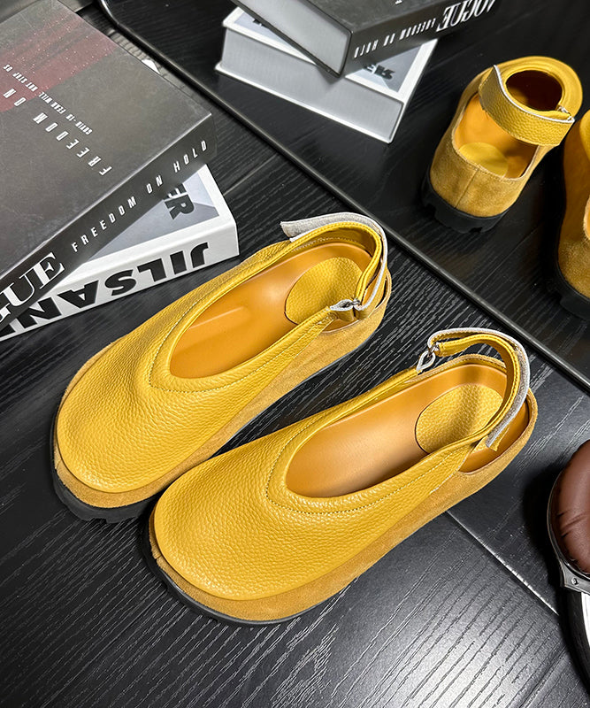Boho Splicing Platform Flats Yellow Cowhide Leather