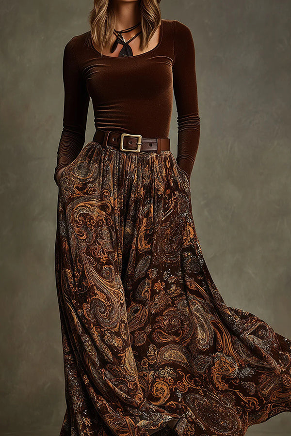 Velvet Long-sleeved Fitted Top and Unique Printed Casual Pocket Maxi Skirt Set