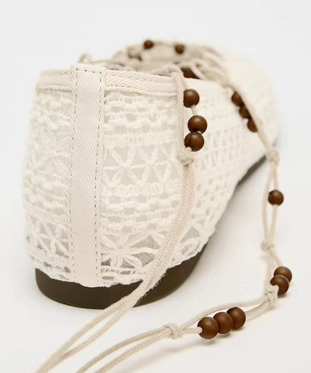 White Knit Fabric Lace Up Hollow Out Flat Shoes