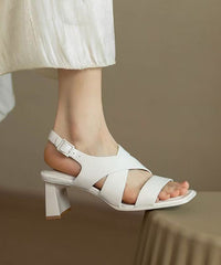 Hollow Out Splicing Chunky Heel Sandals White Faux Leather
