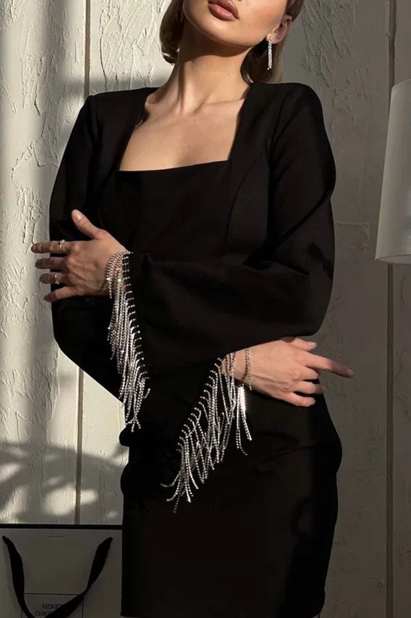 Fringed Square Neck Bell Sleeves Hollow Back Mini Dress