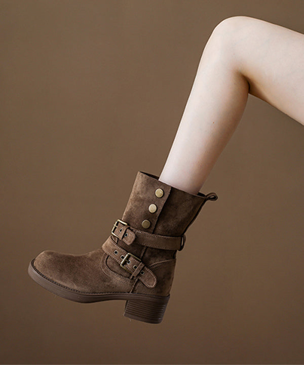 Boutique Buckle Strap Splicing Chunky Boots Khaki Suede