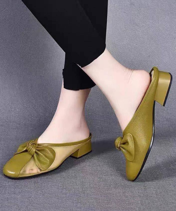 Bow Tulle Splicing Chunky Yellow Cowhide Leather Slide Sandals