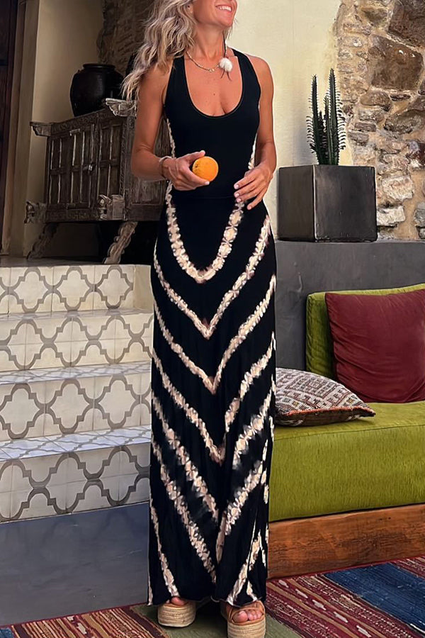 of Fun Tie-dye Print Back Lace-up Stretch Maxi Dress