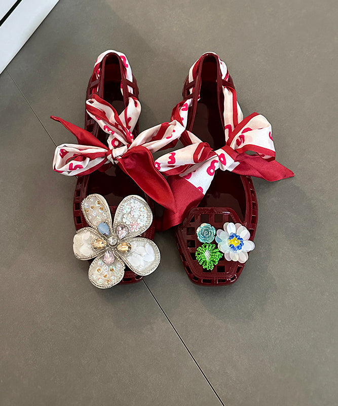 Red Hollow Out Flower Square Toe Flats Shoes