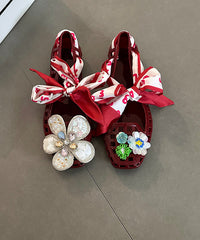 Fashion Red Hollow Out Flower Square Toe Flats Shoes